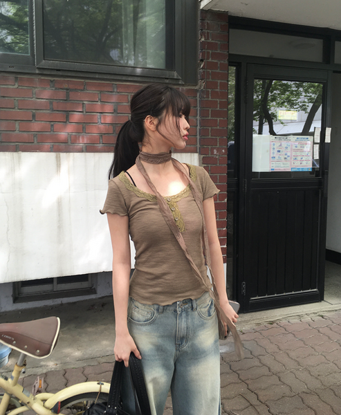 [anyonemore] Suki Lace Button Choker Short Sleeve T-Shirt Set