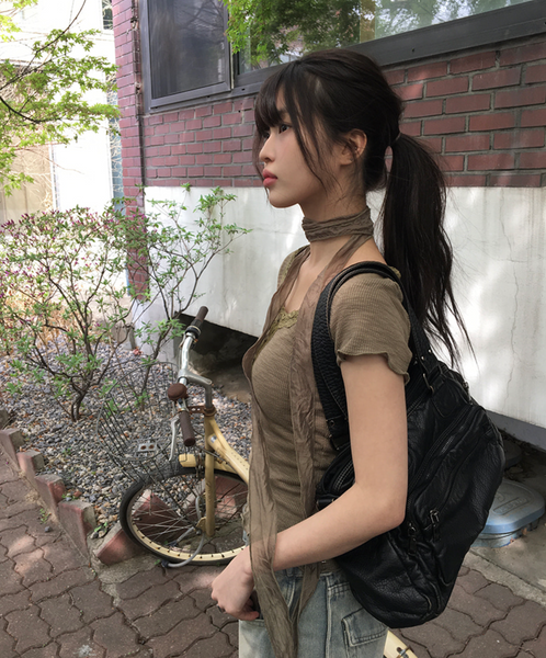 [anyonemore] Suki Lace Button Choker Short Sleeve T-Shirt Set