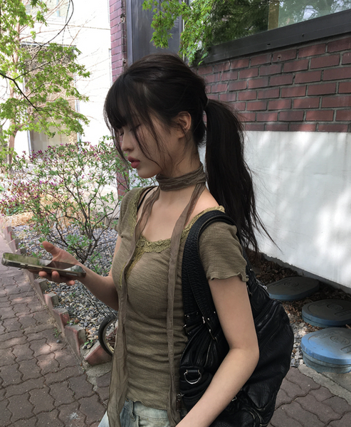 [anyonemore] Suki Lace Button Choker Short Sleeve T-Shirt Set