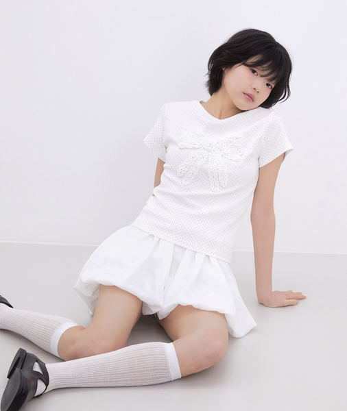 [Inner museum] Dot Frill Ribbon T-Shirt (IVORY)
