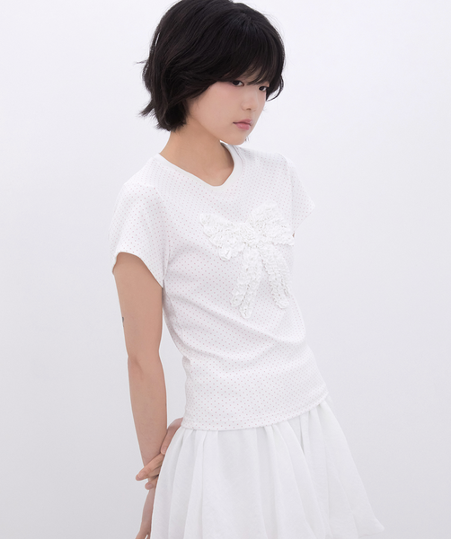 [Inner museum] Dot Frill Ribbon T-Shirt (IVORY)