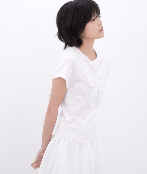 [Inner museum] Dot Frill Ribbon T-Shirt (IVORY)