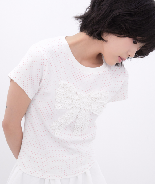 [Inner museum] Dot Frill Ribbon T-Shirt (IVORY)