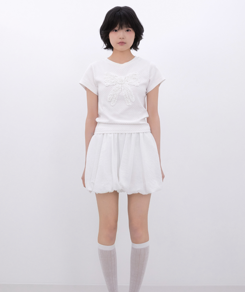 [Inner museum] Dot Frill Ribbon T-Shirt (IVORY)