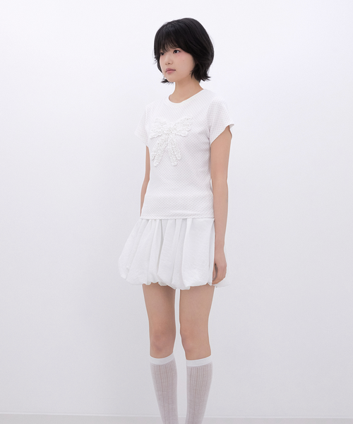 [Inner museum] Dot Frill Ribbon T-Shirt (IVORY)