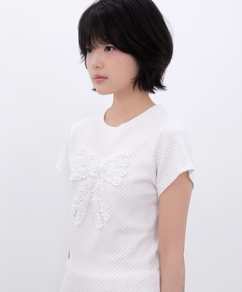 [Inner museum] Dot Frill Ribbon T-Shirt (IVORY)