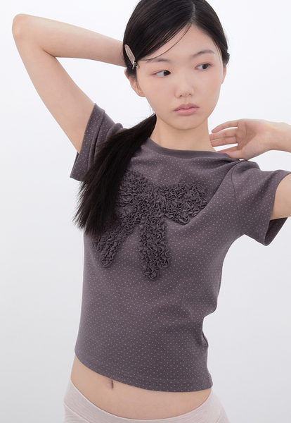 [Inner museum] Dot Frill Ribbon T-Shirt (COCOA)