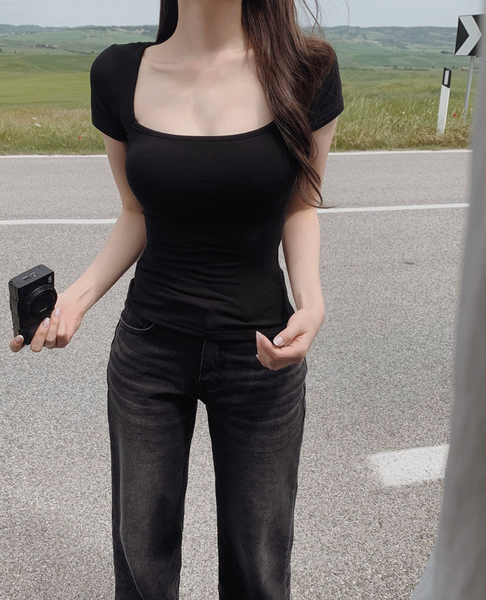 [SLOWAND] ONLY SLOW Inside Cap Square Neck T-shirt