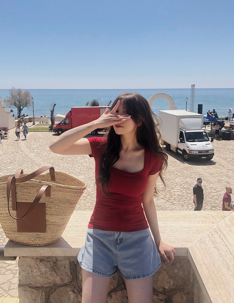 [SLOWAND] ONLY SLOW Inside Cap Square Neck T-shirt