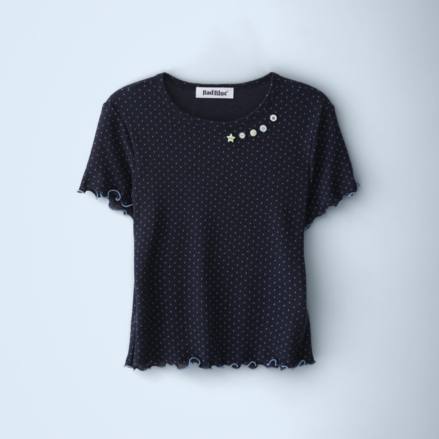 [BadBlue] Sheer Dot Buttons Baby Tee Navy