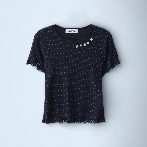 [BadBlue] Sheer Dot Buttons Baby Tee Navy