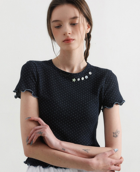 [BadBlue] Sheer Dot Buttons Baby Tee Navy