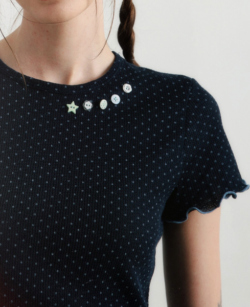 [BadBlue] Sheer Dot Buttons Baby Tee Navy