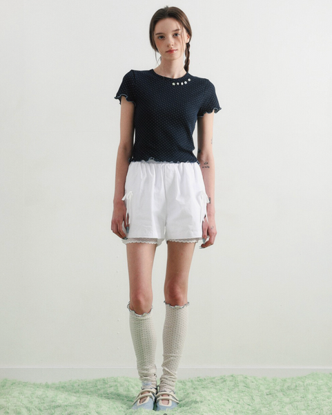 [BadBlue] Sheer Dot Buttons Baby Tee Navy