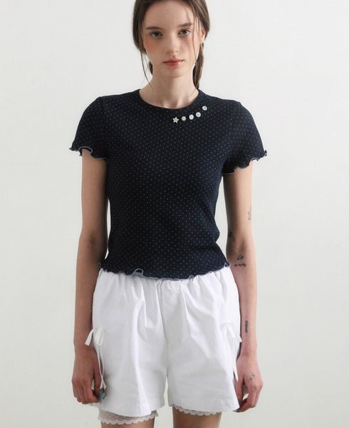 [BadBlue] Sheer Dot Buttons Baby Tee Navy