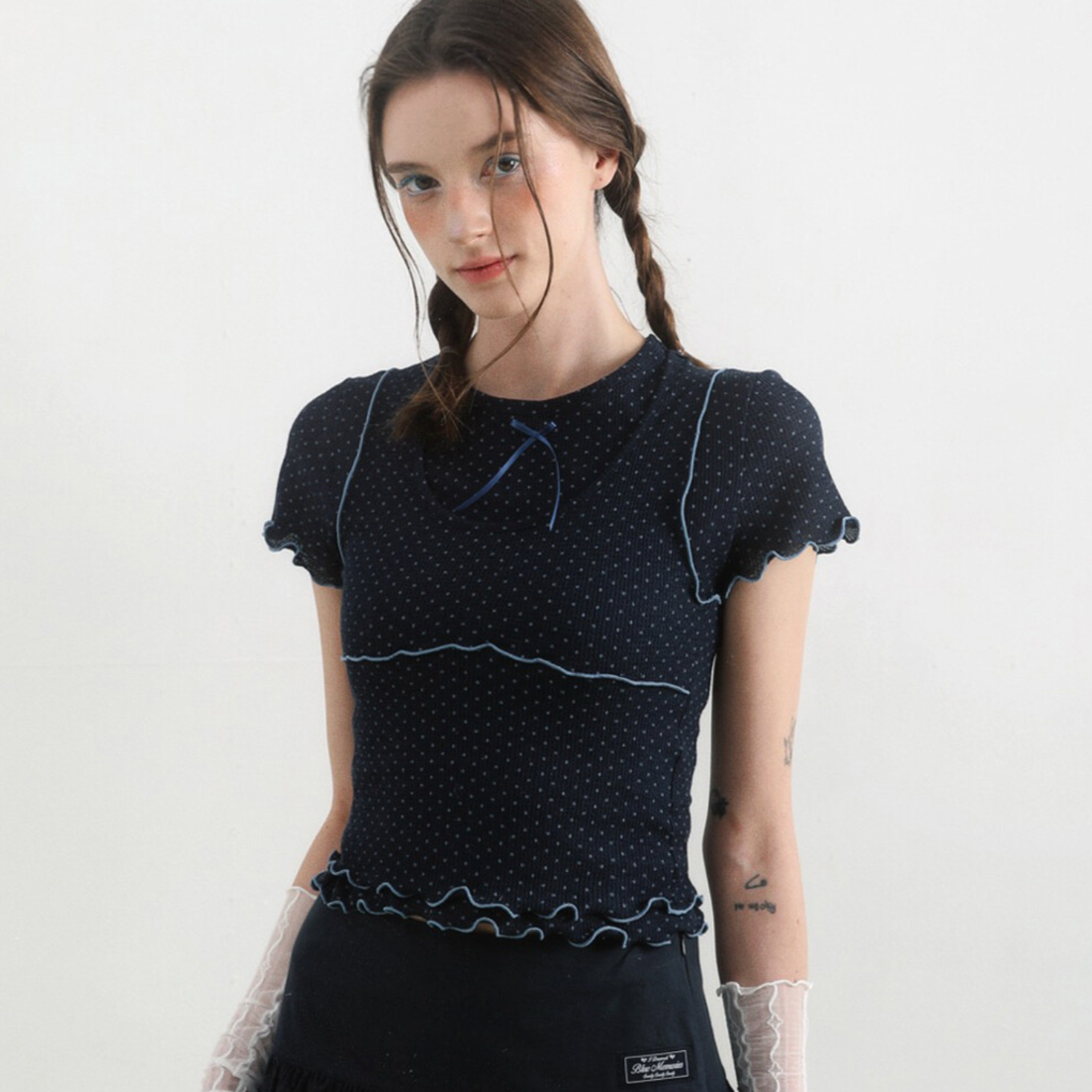 [BadBlue] [Setup] Sheer Dot Layerd Tee Navy