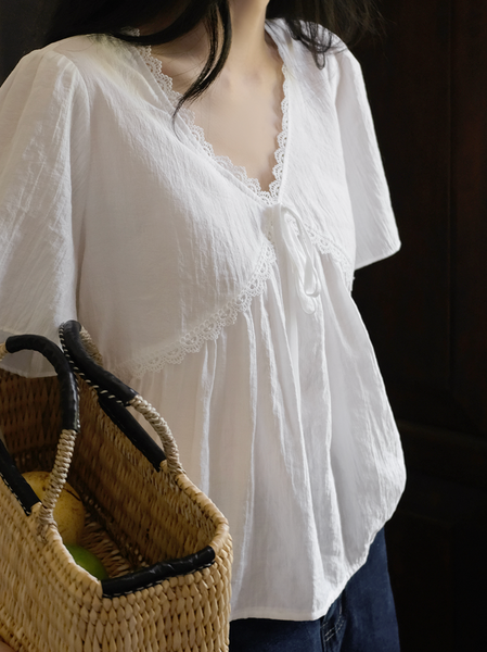 [98°C] [NEAH] Lilac Lace Shirring Blouse