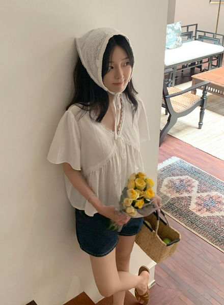 [98°C] [NEAH] Lilac Lace Shirring Blouse