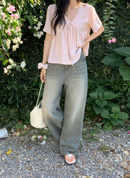 [98°C] [NEAH] Lilac Lace Shirring Blouse