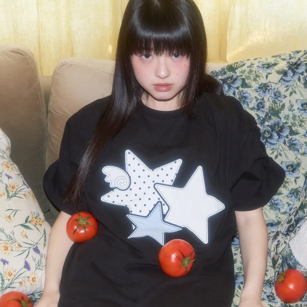 [FANCY CLUB] Mix Star Angel Patch Tee (Black)