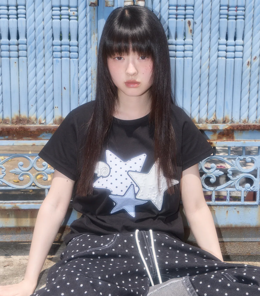 [FANCY CLUB] Mix Star Angel Patch Tee (Black)