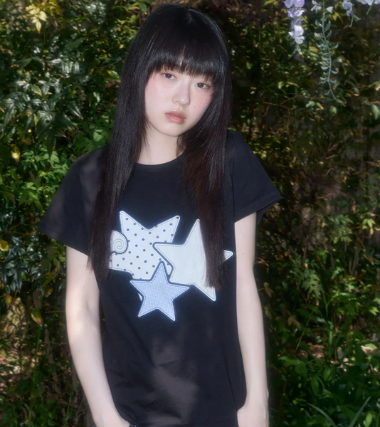 [FANCY CLUB] Mix Star Angel Patch Tee (Black)