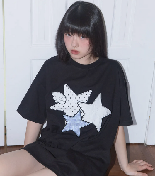 [FANCY CLUB] Mix Star Angel Patch Tee (Black)