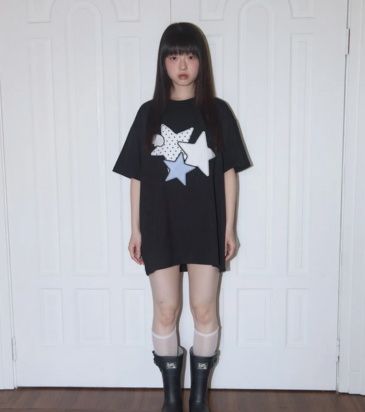 [FANCY CLUB] Mix Star Angel Patch Tee (Black)