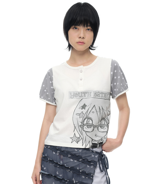 [YOUTHBATH] YB x Oliwa Dot Puff Sleeve Henley Top