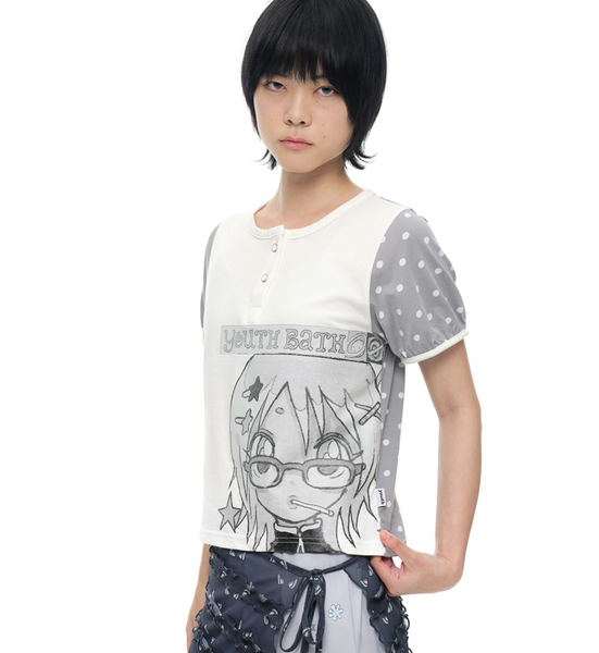 [YOUTHBATH] YB x Oliwa Dot Puff Sleeve Henley Top