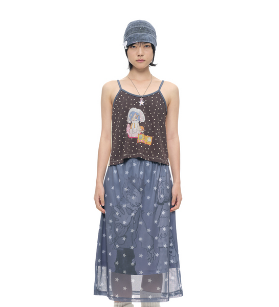 [YOUTHBATH] YB x Oliwa Star Graphic Shirred Back Cami Charcoal