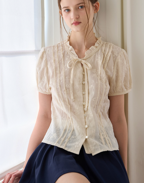 [Letter from Moon] Soap High Neck Ribbon Blouse (Cream)