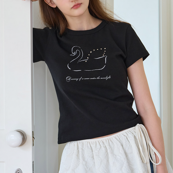 [Letter from Moon] Swan Studded T-Shirt (Black)