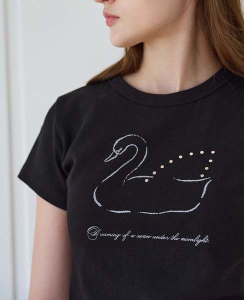 [Letter from Moon] Swan Studded T-Shirt (Black)