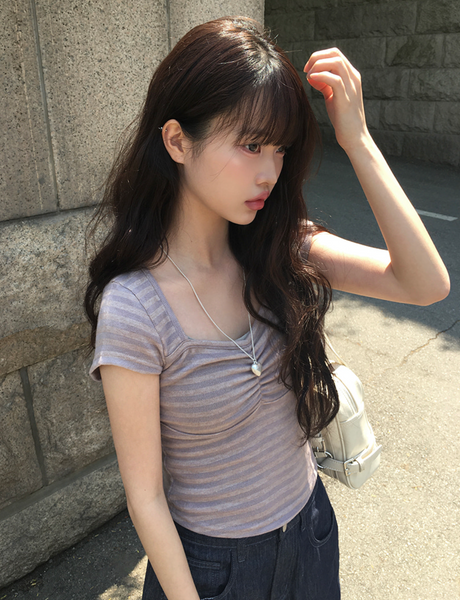 [anyonemore] Duran Amore Square Neck Shirring T-Shirt