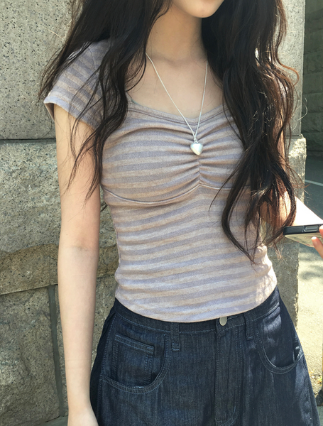 [anyonemore] Duran Amore Square Neck Shirring T-Shirt