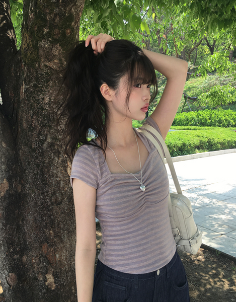 [anyonemore] Duran Amore Square Neck Shirring T-Shirt