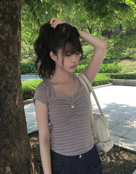 [anyonemore] Duran Amore Square Neck Shirring T-Shirt