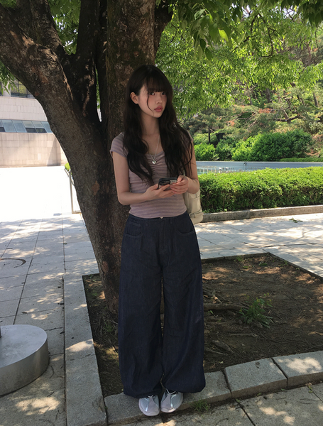 [anyonemore] Duran Amore Square Neck Shirring T-Shirt