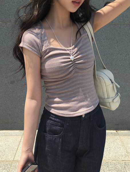 [anyonemore] Duran Amore Square Neck Shirring T-Shirt