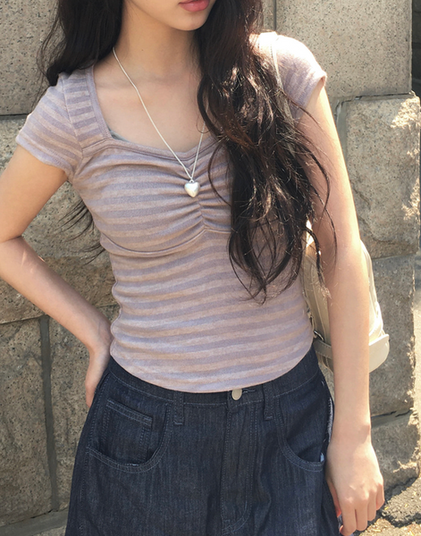 [anyonemore] Duran Amore Square Neck Shirring T-Shirt