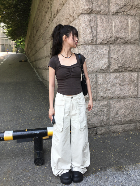 [anyonemore] Duran Amore Square Neck Shirring T-Shirt