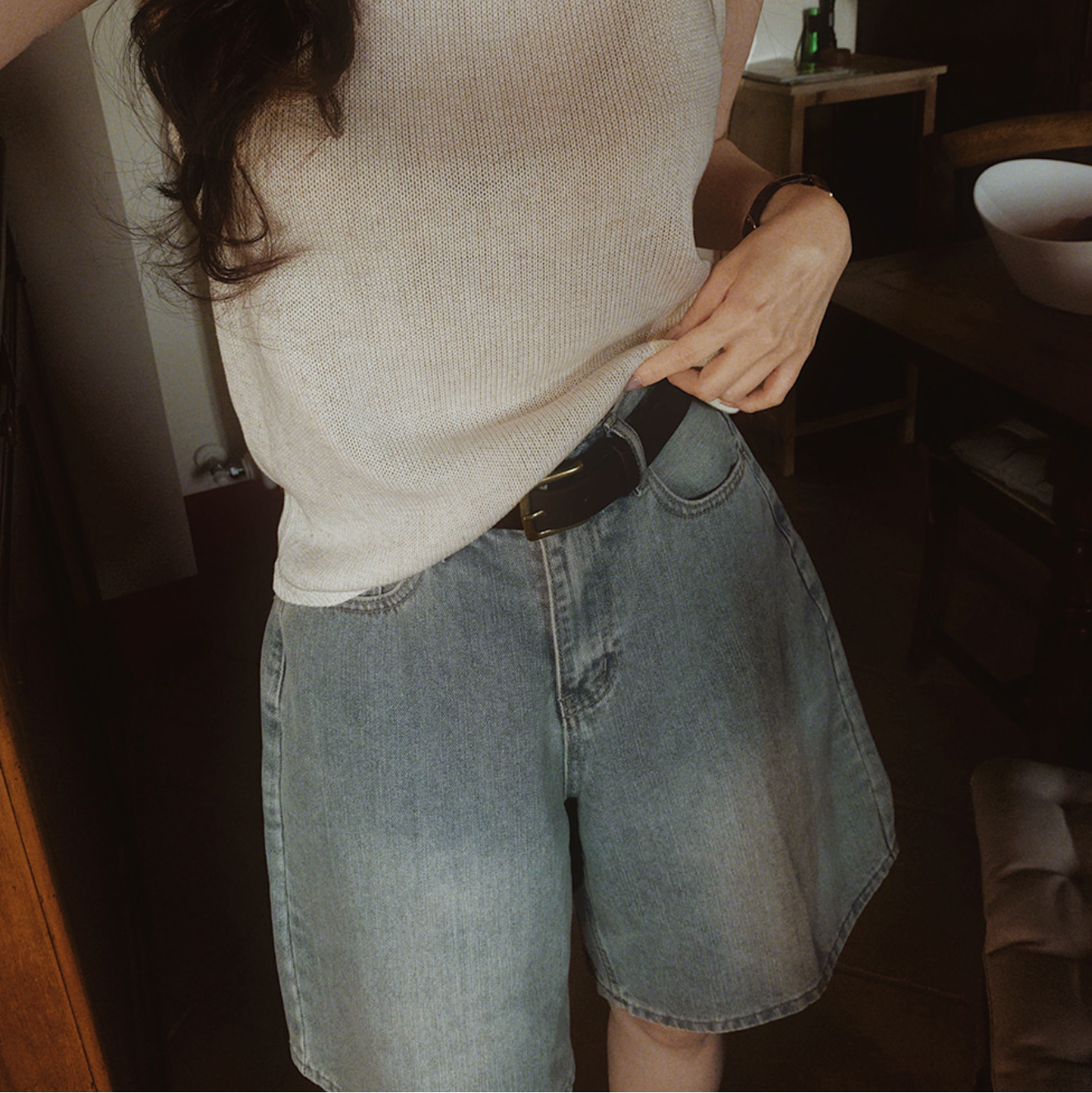 [SLOWAND] Bermuda Cover Washing Half-Length Denim Pants