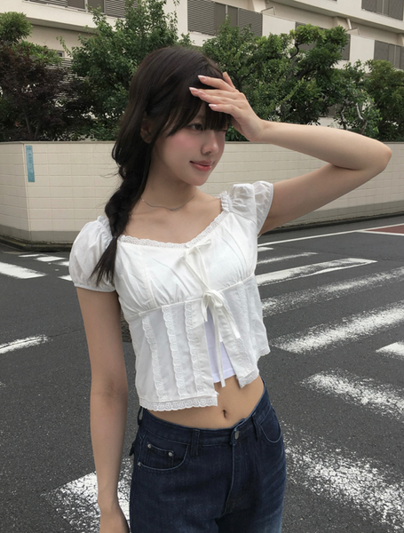 [anyonemore] Kaline Summer Ribbon Open Crop Blouse