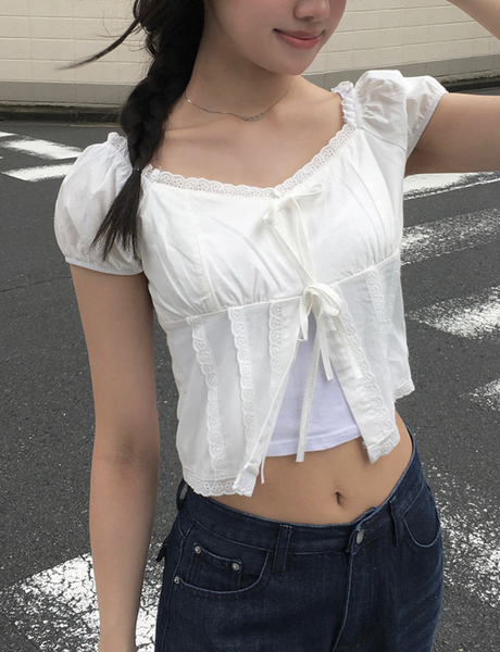 [anyonemore] Kaline Summer Ribbon Open Crop Blouse