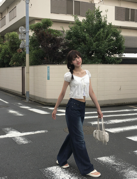 [anyonemore] Kaline Summer Ribbon Open Crop Blouse