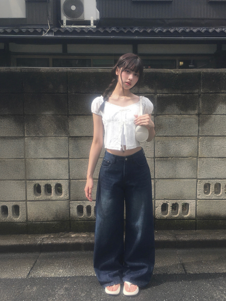 [anyonemore] Kaline Summer Ribbon Open Crop Blouse