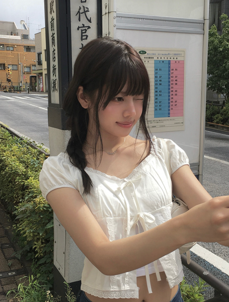 [anyonemore] Kaline Summer Ribbon Open Crop Blouse