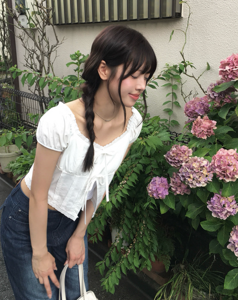 [anyonemore] Kaline Summer Ribbon Open Crop Blouse