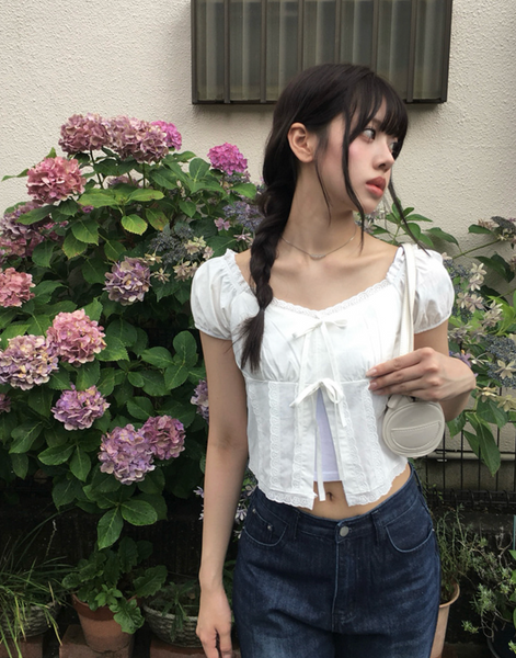 [anyonemore] Kaline Summer Ribbon Open Crop Blouse